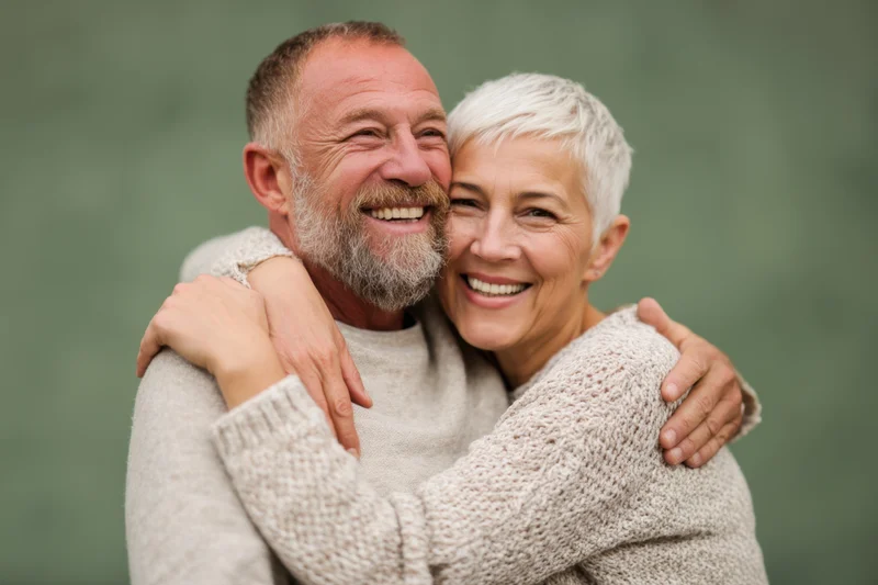 Elderly couple embracing warmly with smiles, wearing knit sweaters against a plain background