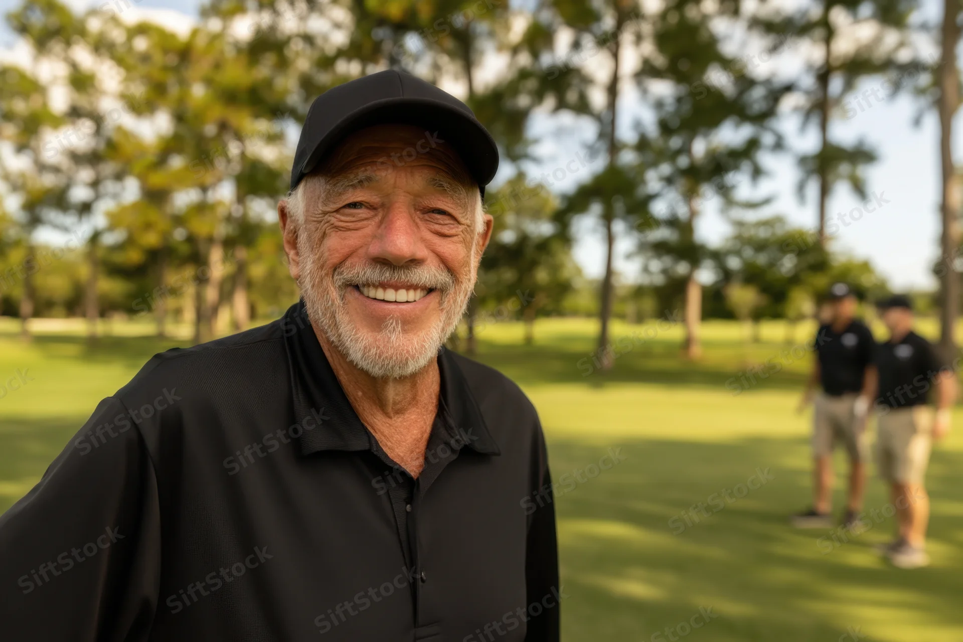 Senior man smiling in black polo shirt and cap on golf course with trees and greenery in background