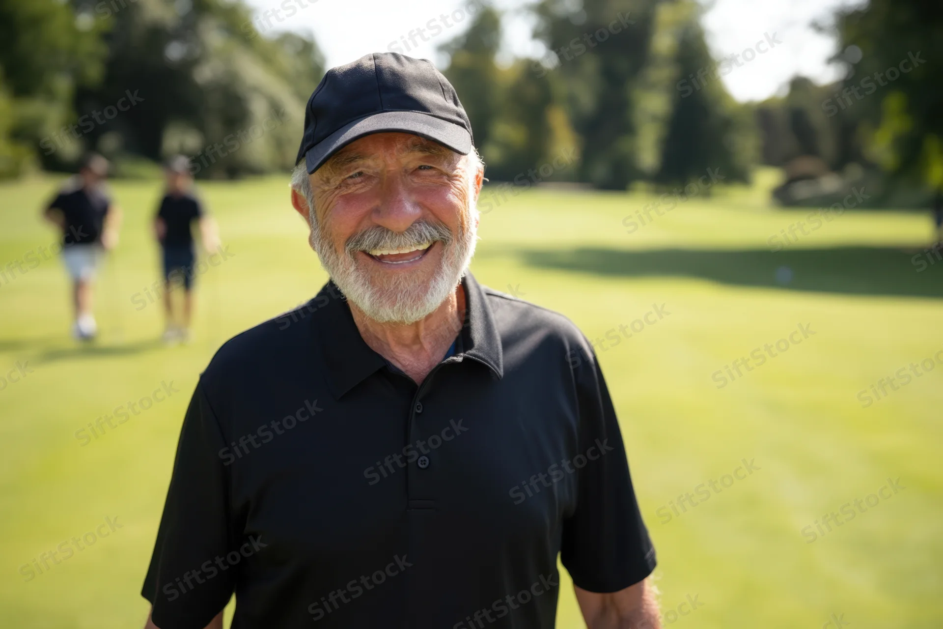 Smiling elderly man in black polo shirt and cap on a golf course with blurred figures in the background