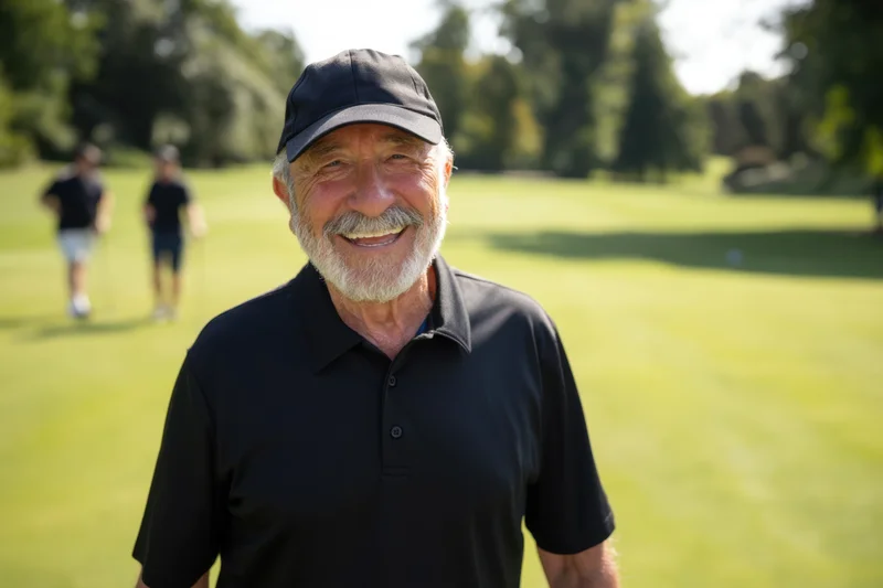 Smiling elderly man in black polo shirt and cap on a golf course with blurred figures in the background