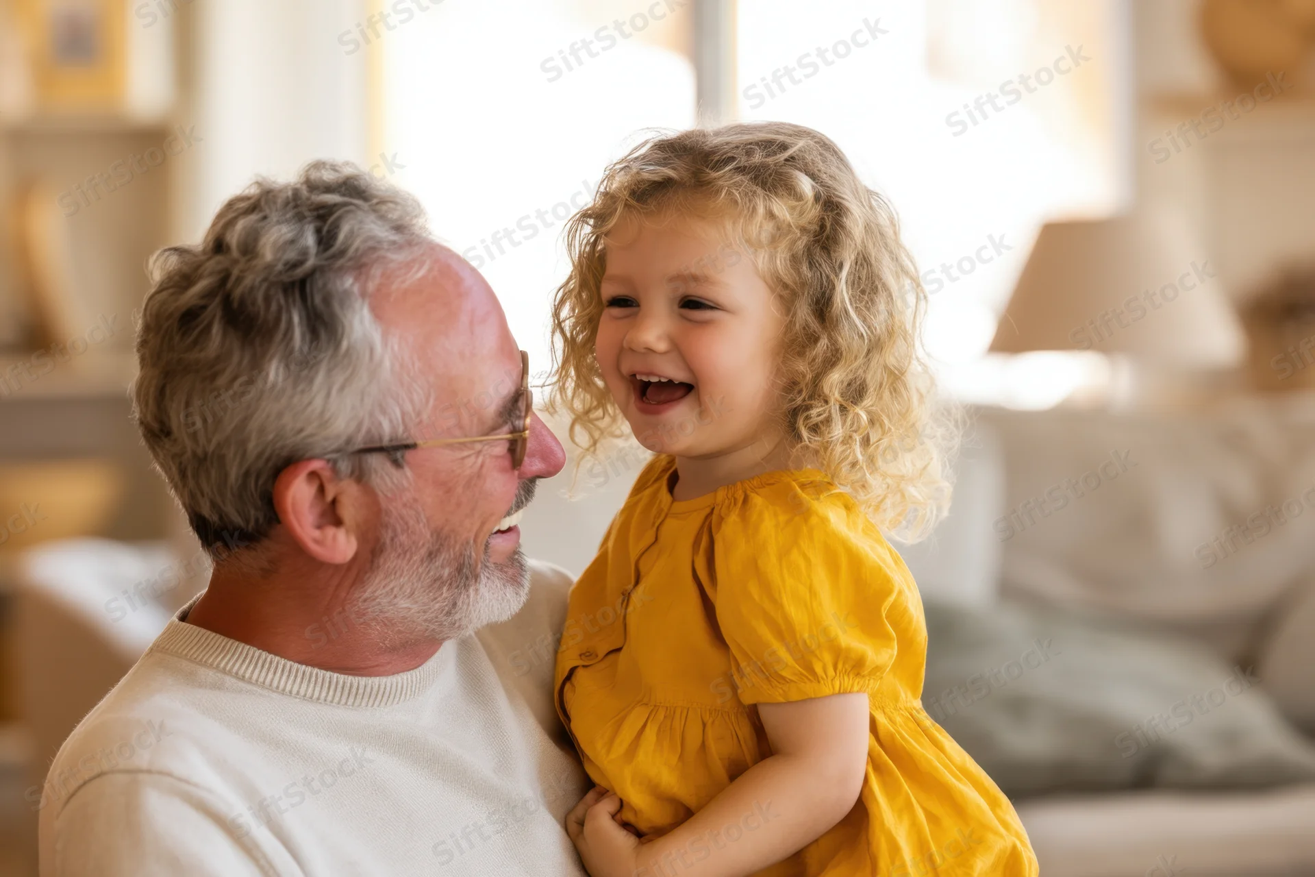 Grandfather holding laughing toddler girl in living room