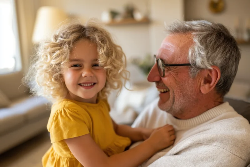 Grandfather laughing with young girl in yellow dress on sofa at home