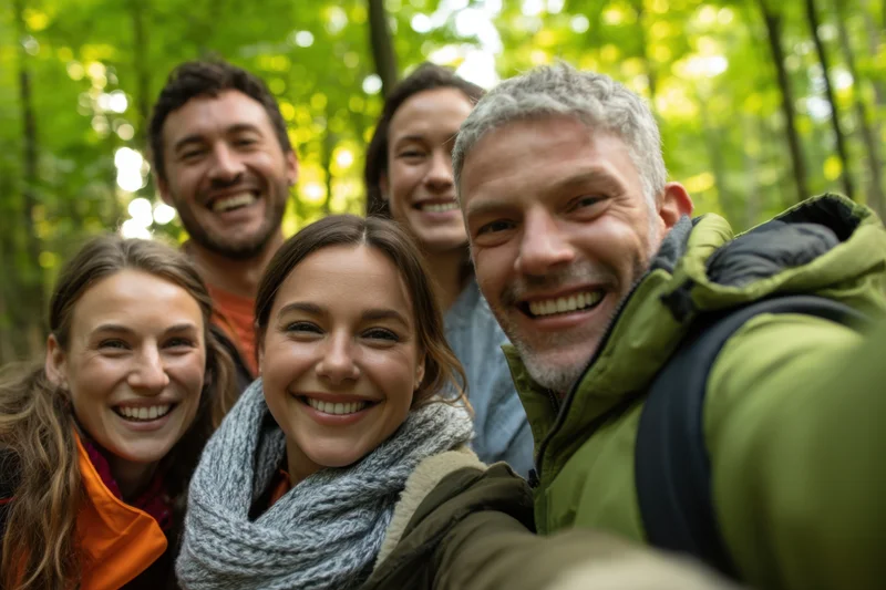 Family taking a smiling selfie in a lush green forest during a hike