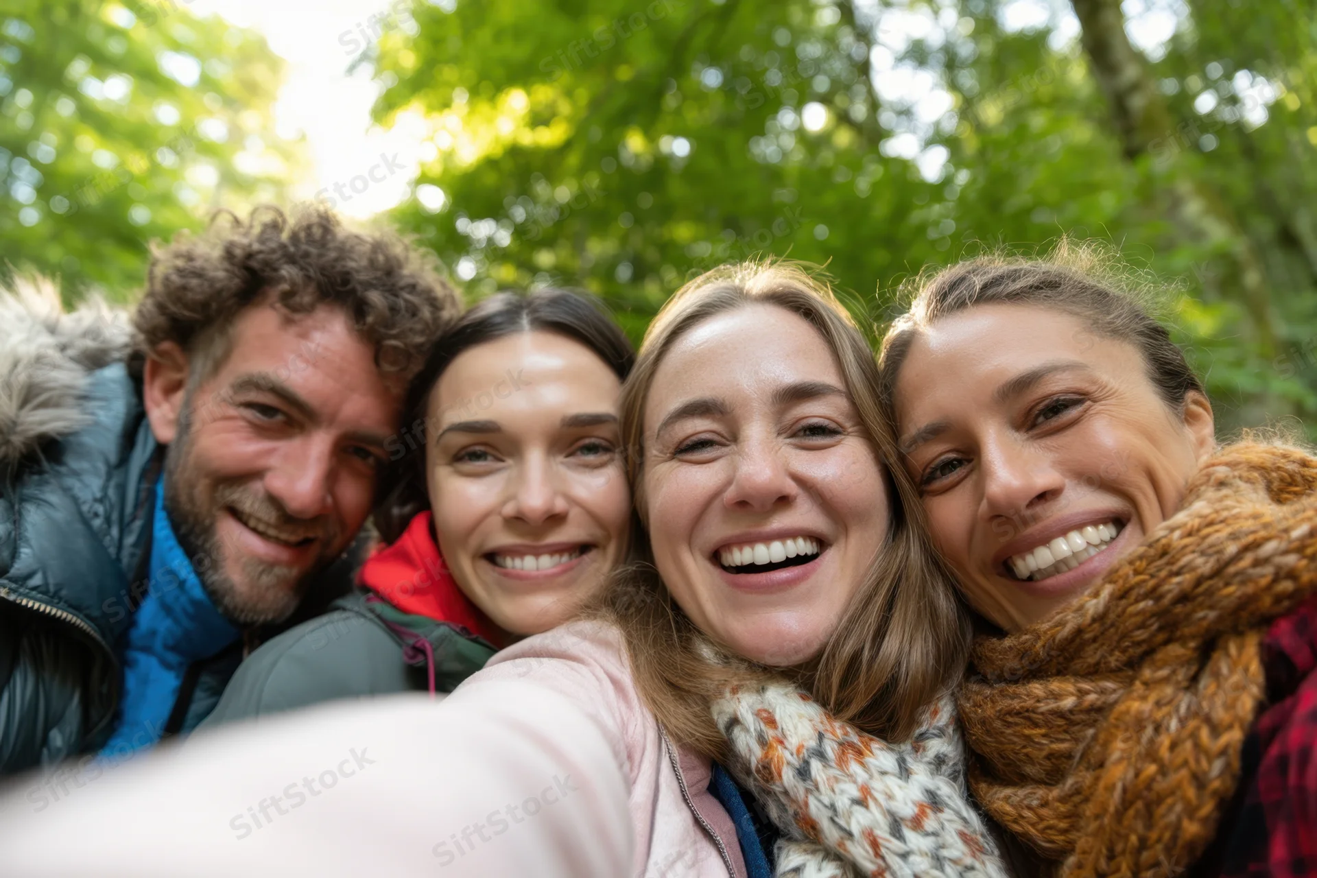 Four friends smiling and laughing while taking a selfie in a lush green forest