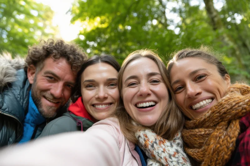 Four friends smiling and laughing while taking a selfie in a lush green forest
