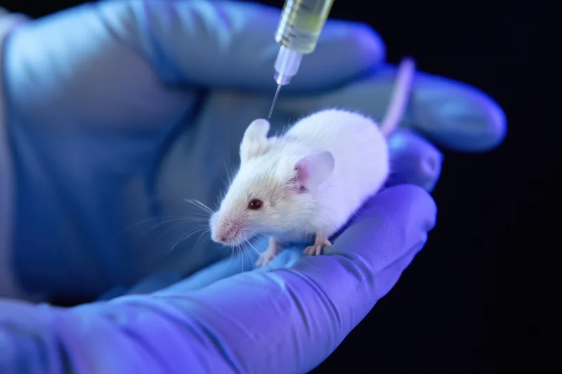 Laboratory mouse being injected with syringe held in gloved hand