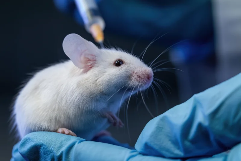 White laboratory mouse being injected with syringe held in gloved hand during medical research procedure