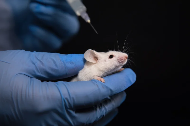 Laboratory mouse held in gloved hand with syringe poised for injection