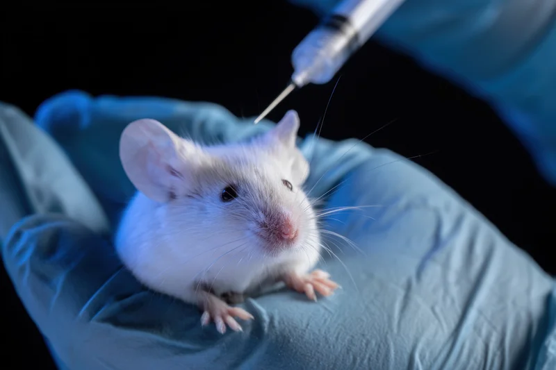 Laboratory mouse being injected with syringe held by gloved hand
