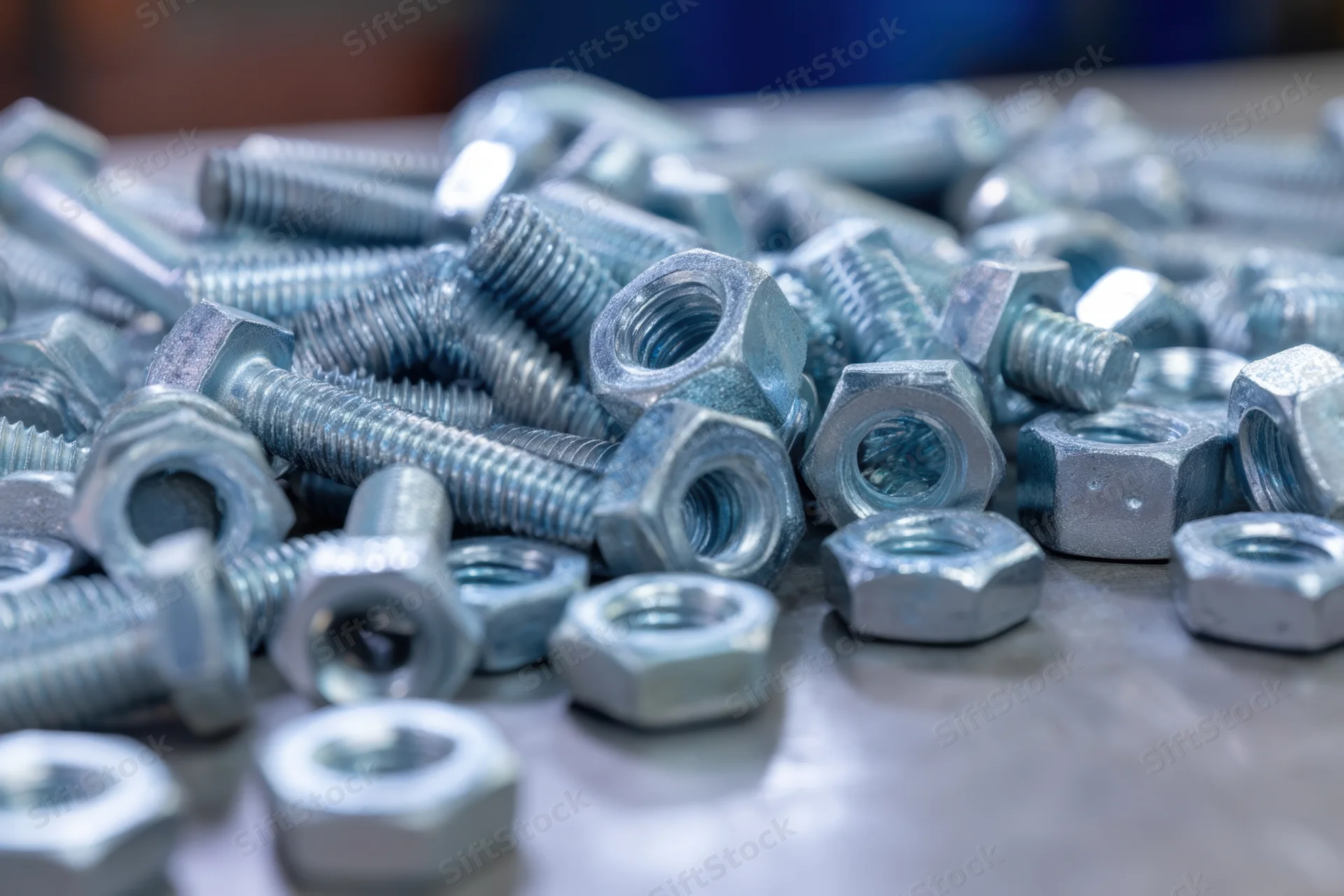 Scattered metallic bolts and nuts on a work surface