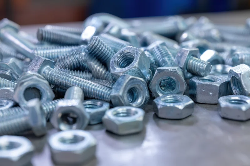 Scattered metallic bolts and nuts on a work surface