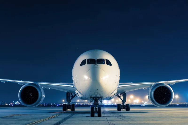 Large commercial airplane viewed head-on on airport tarmac at night
