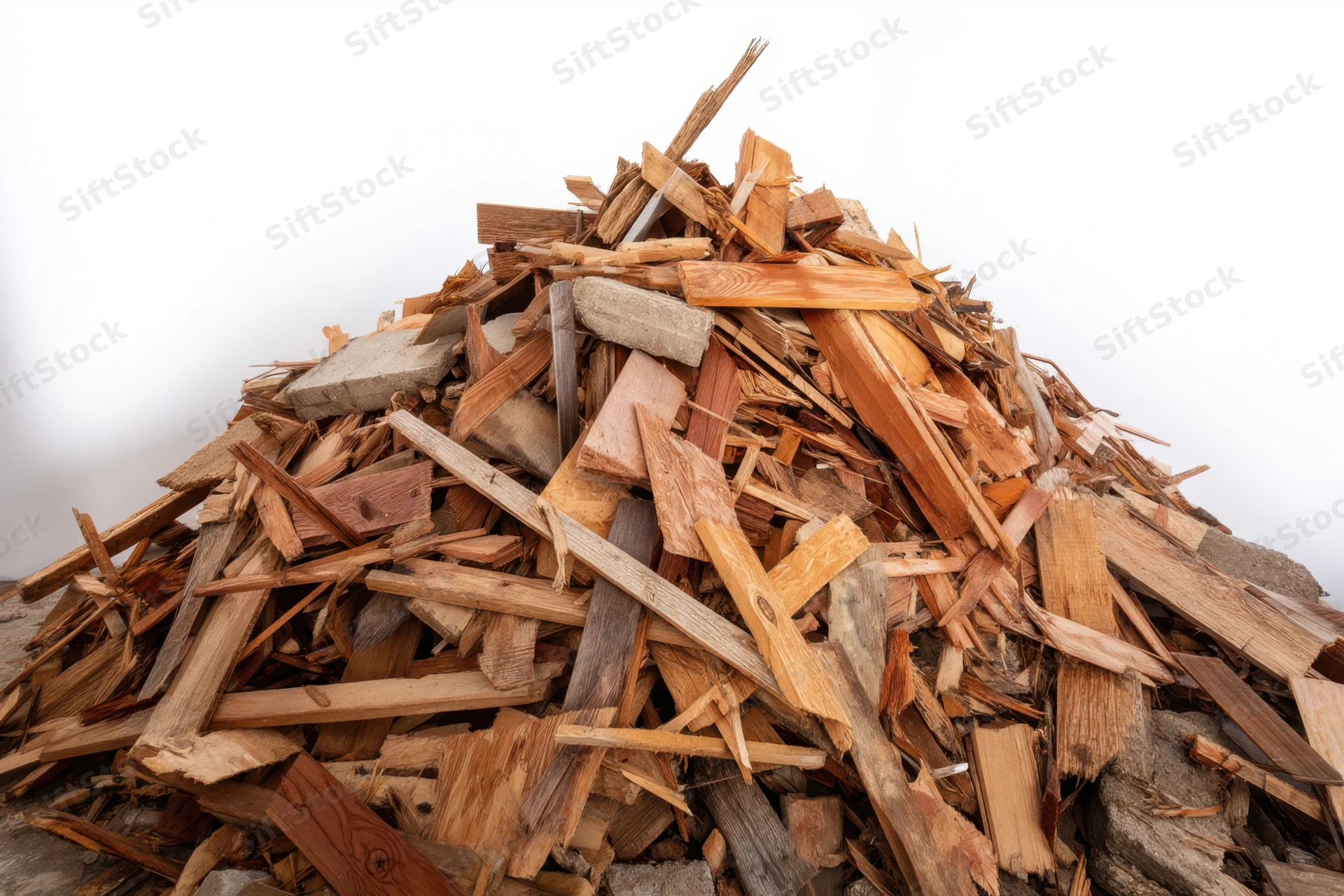 Pile of construction debris with wood and concrete fragments isolated on white
