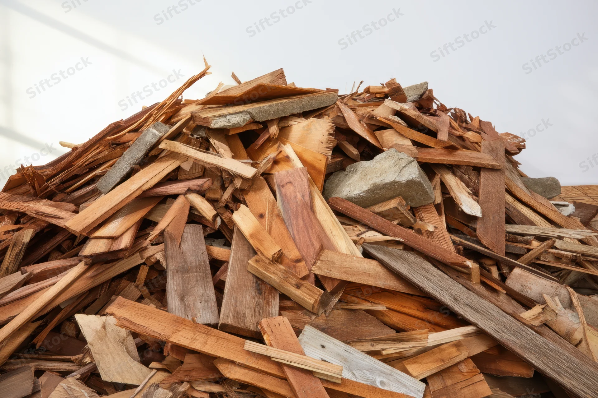 A large pile of construction debris consisting of wood scraps and concrete fragments indoors