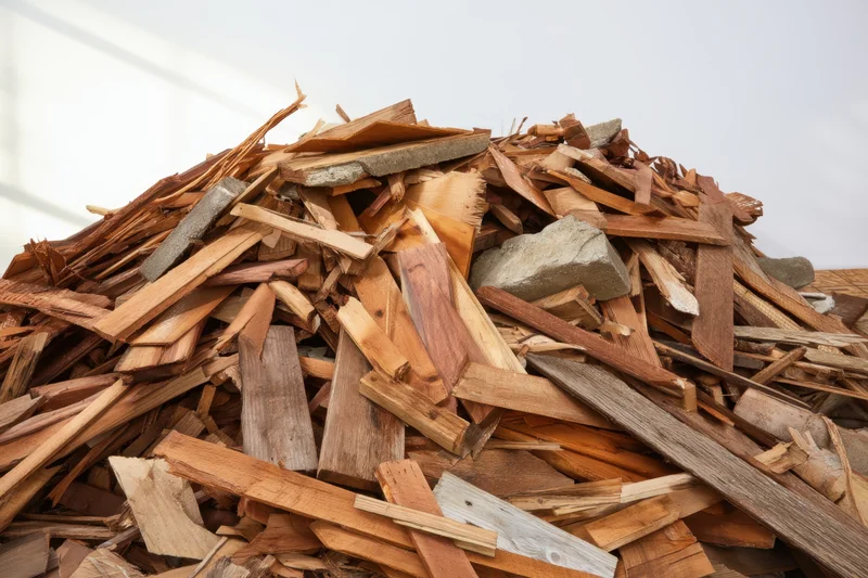 A large pile of construction debris consisting of wood scraps and concrete fragments indoors