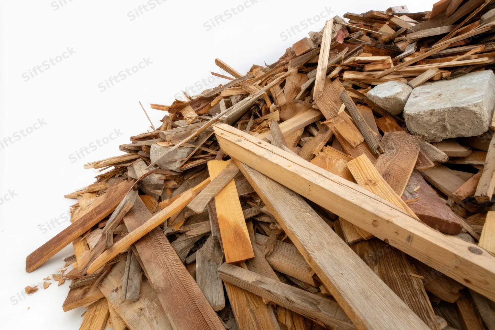 Pile of construction debris with wood scraps and stone fragments on white background