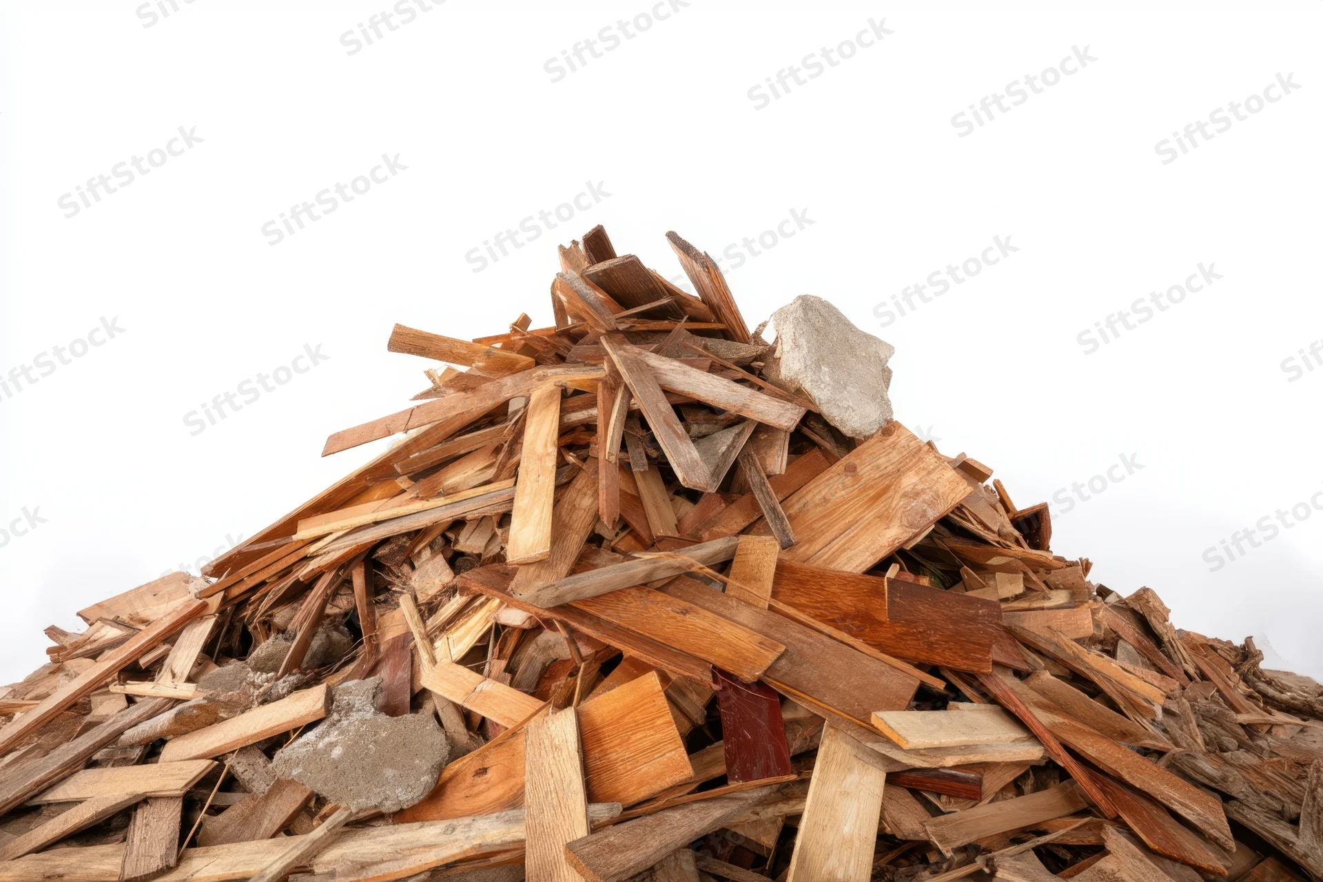 Pile of construction debris with wood scraps and concrete fragments isolated on white