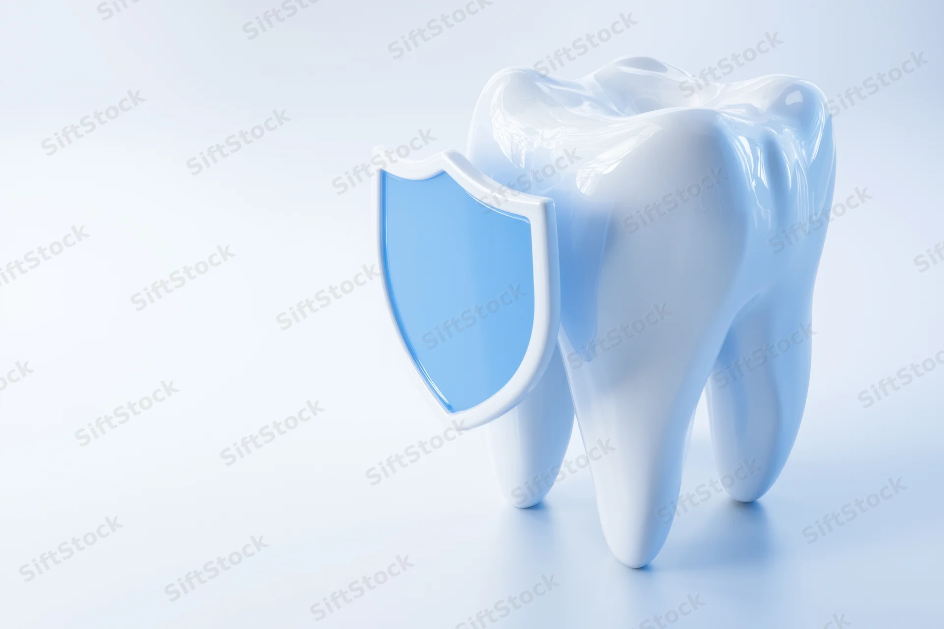 A large shiny white tooth with a blue shield overlay symbolizing dental protection on a plain background