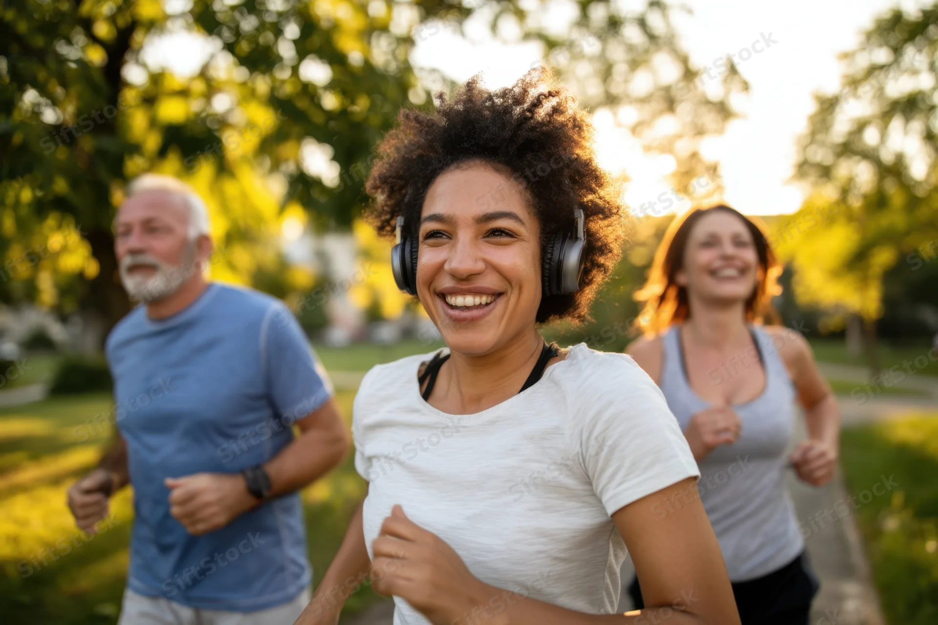 Woman jogging with headphones smiling in a park with two other joggers behind her