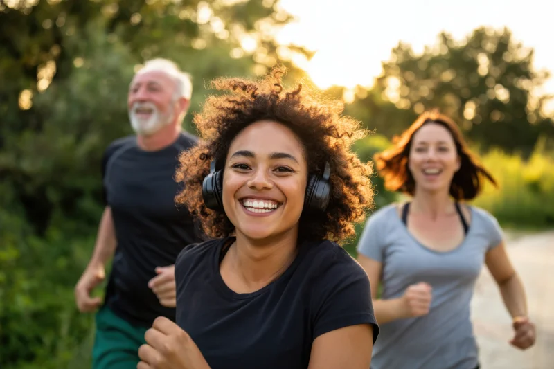 Woman jogging with headphones smiling at camera while two others run behind on a park trail at golden hour