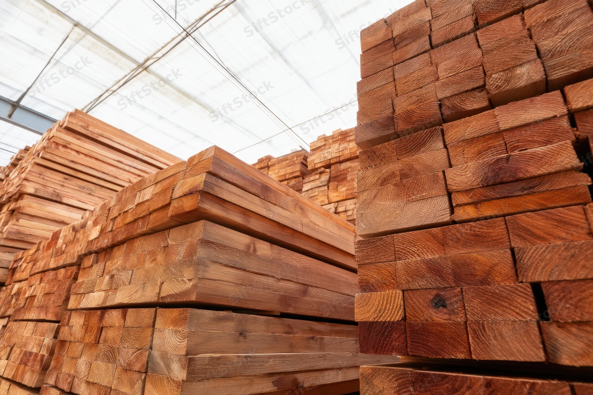 Stacks of cut lumber arranged in neat piles inside a storage facility