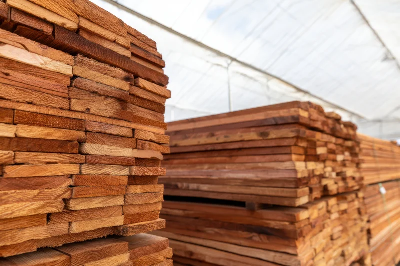 Stacks of lumber arranged in rows under a translucent roof at a storage facility