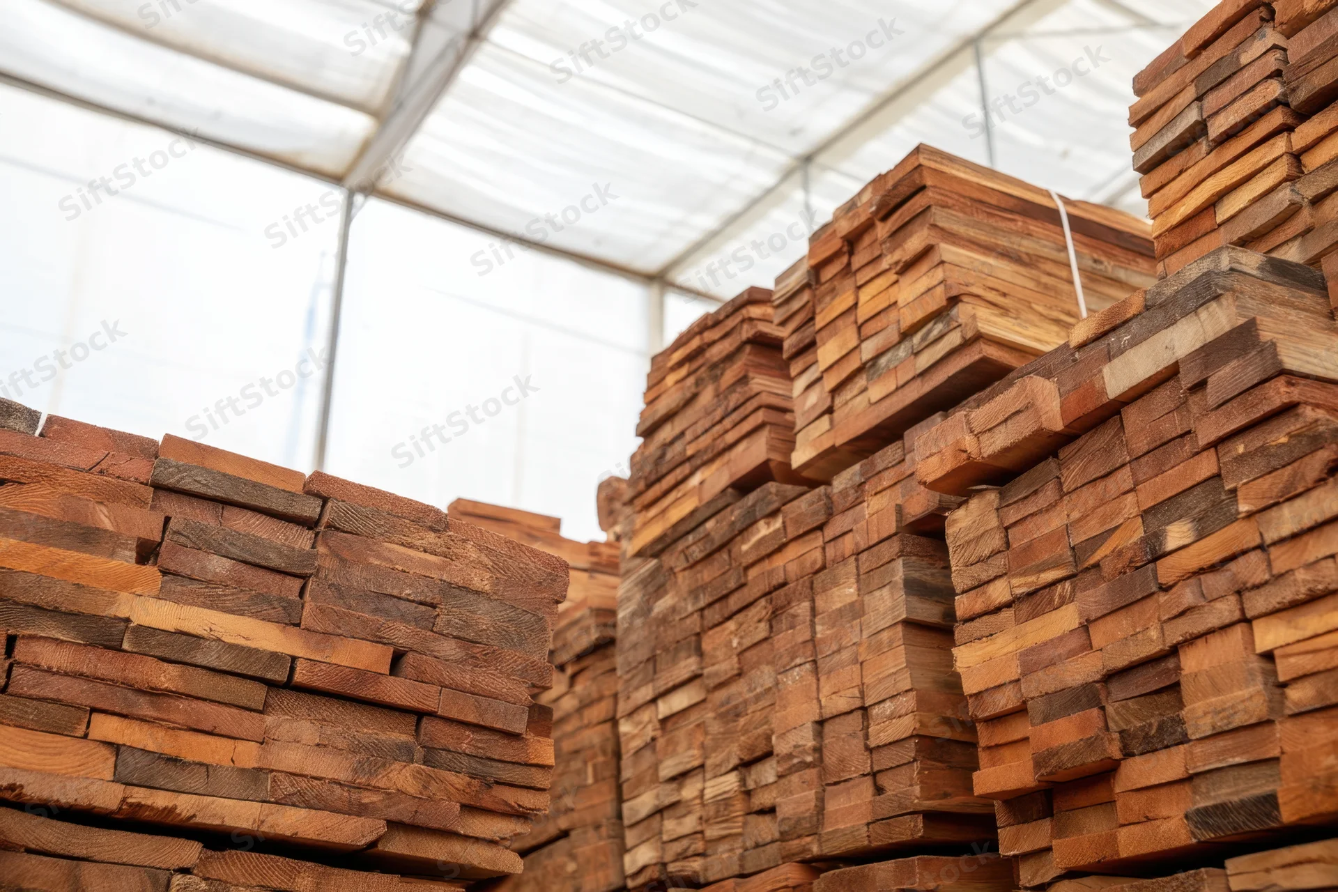 Stacks of sawn hardwood lumber arranged in a warehouse storage facility