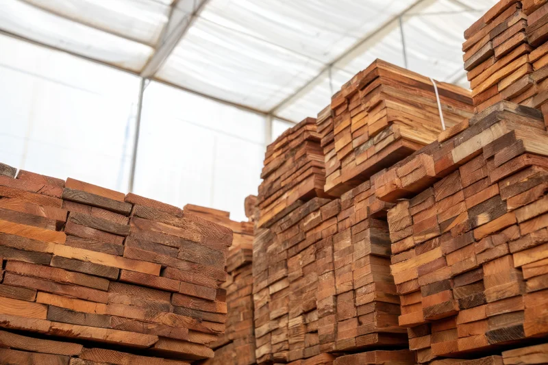 Stacks of sawn hardwood lumber arranged in a warehouse storage facility