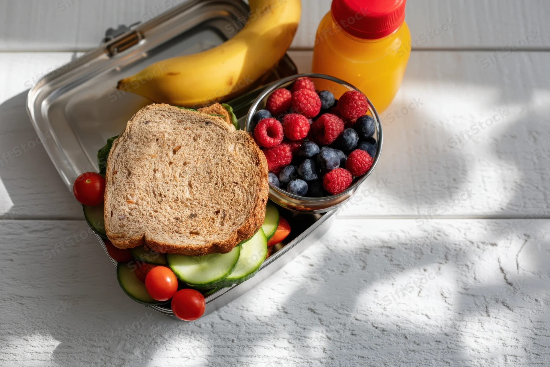 Stainless steel lunchbox filled with sandwich, berries, vegetables and banana on white wooden surface