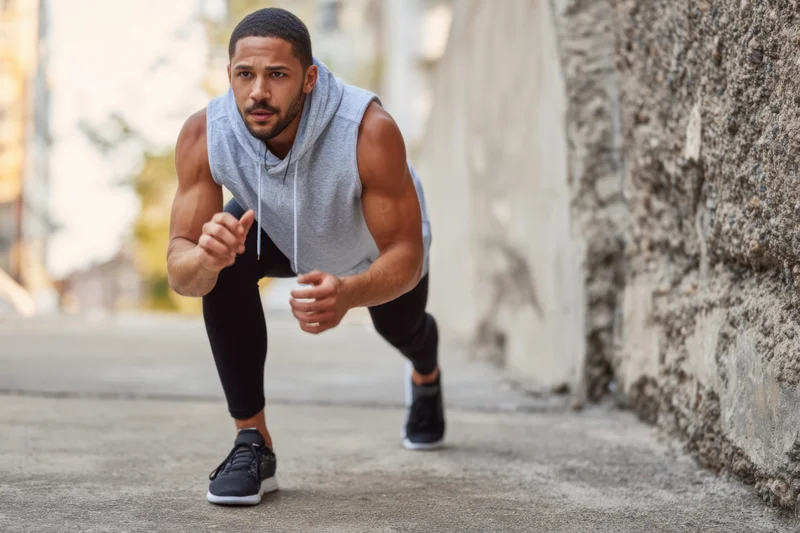 Male athlete in sprinting motion on urban street wearing sleeveless hoodie and leggings