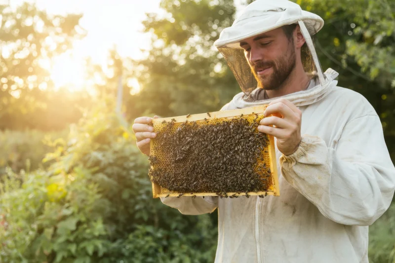 Male beekeeper inspecting honeycomb frame covered in bees in a sunlit garden