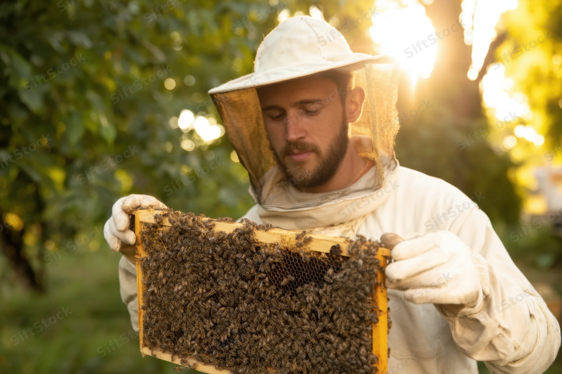 Male beekeeper inspecting honeybee frame in apiary garden at golden hour