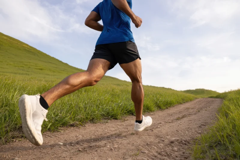 Male runner in motion on a grassy trail with dirt path and rolling hills under a partly cloudy sky