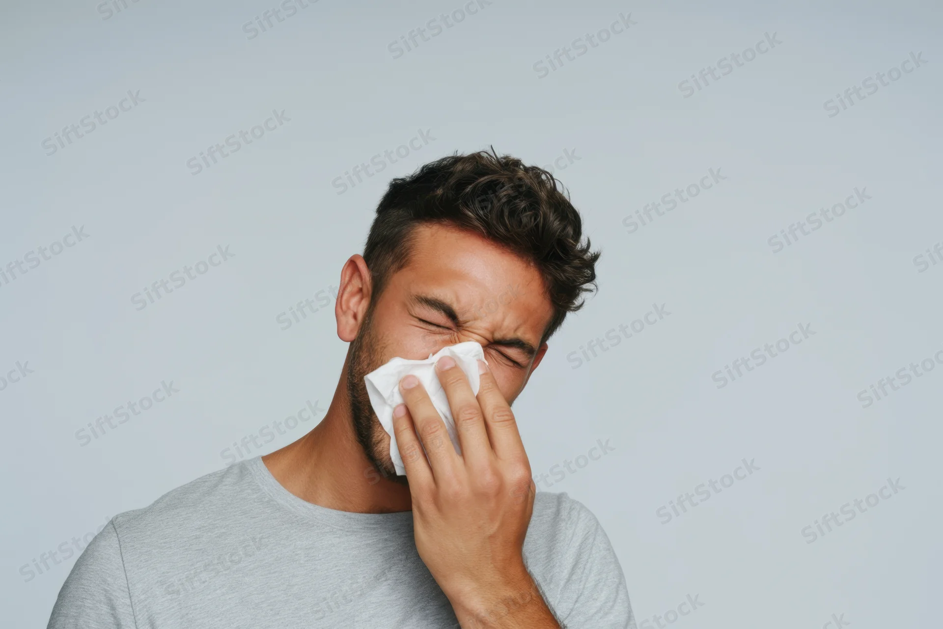 Man sneezing into tissue against plain background