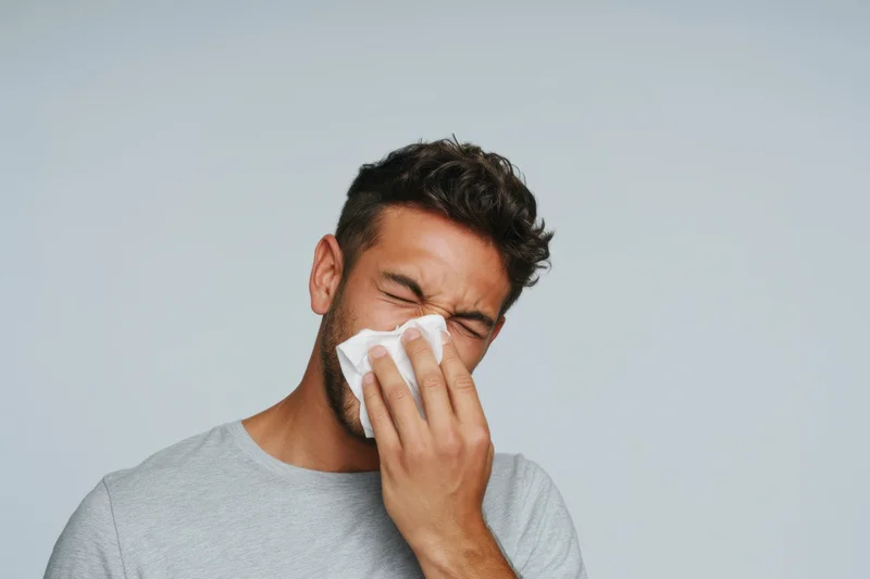 Man sneezing into tissue against plain background