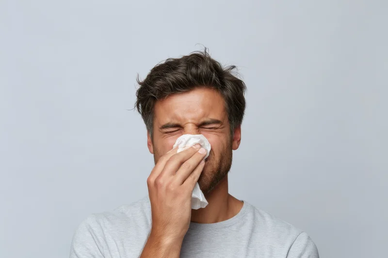 Man holding tissue to his nose against plain gray background