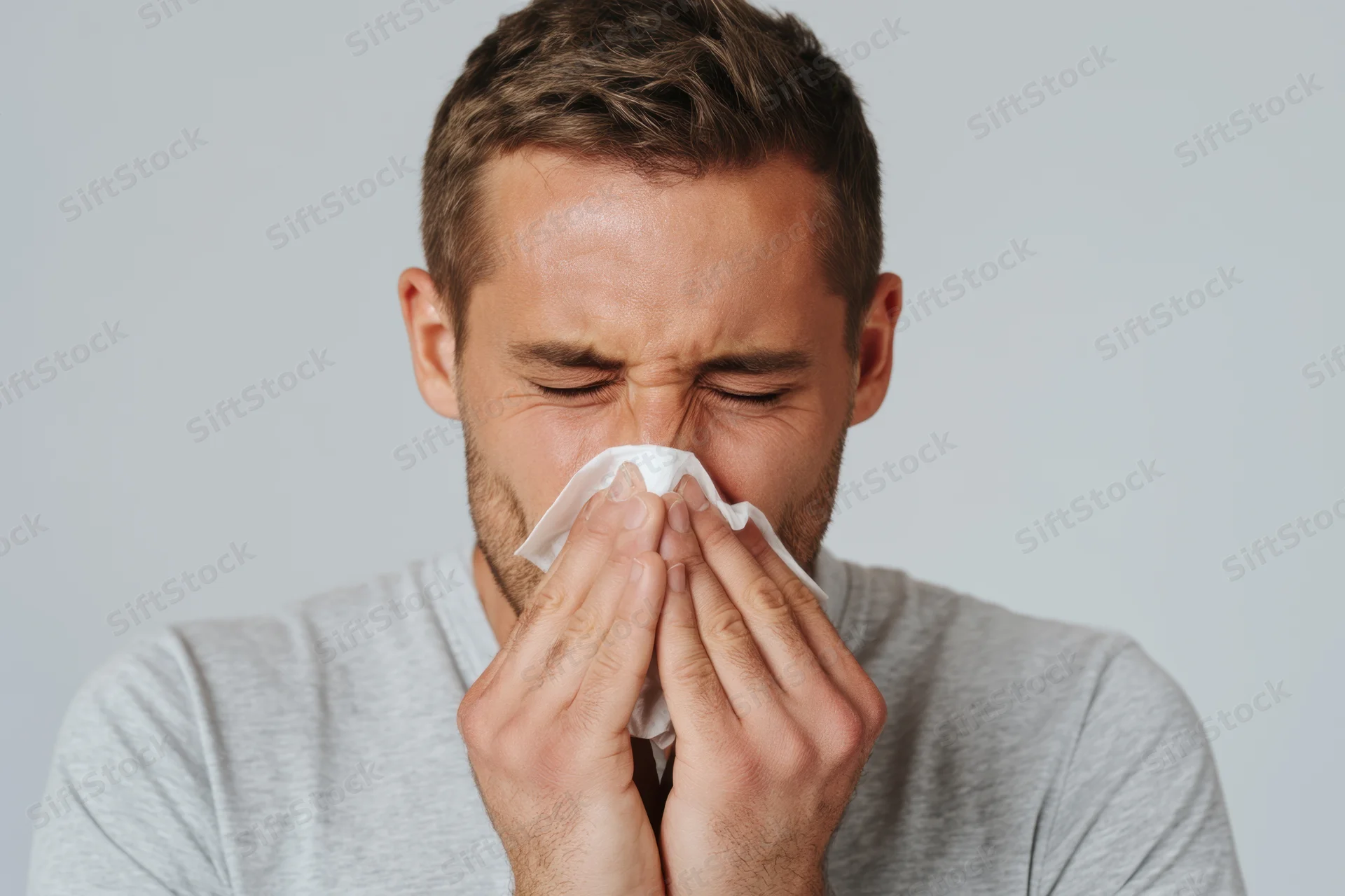 Man holding tissue to his nose while showing signs of illness in a studio setting