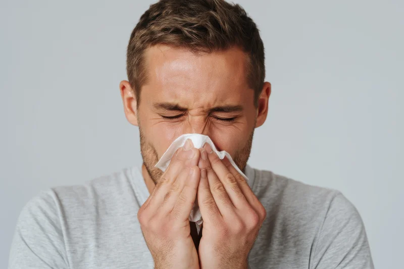 Man holding tissue to his nose while showing signs of illness in a studio setting