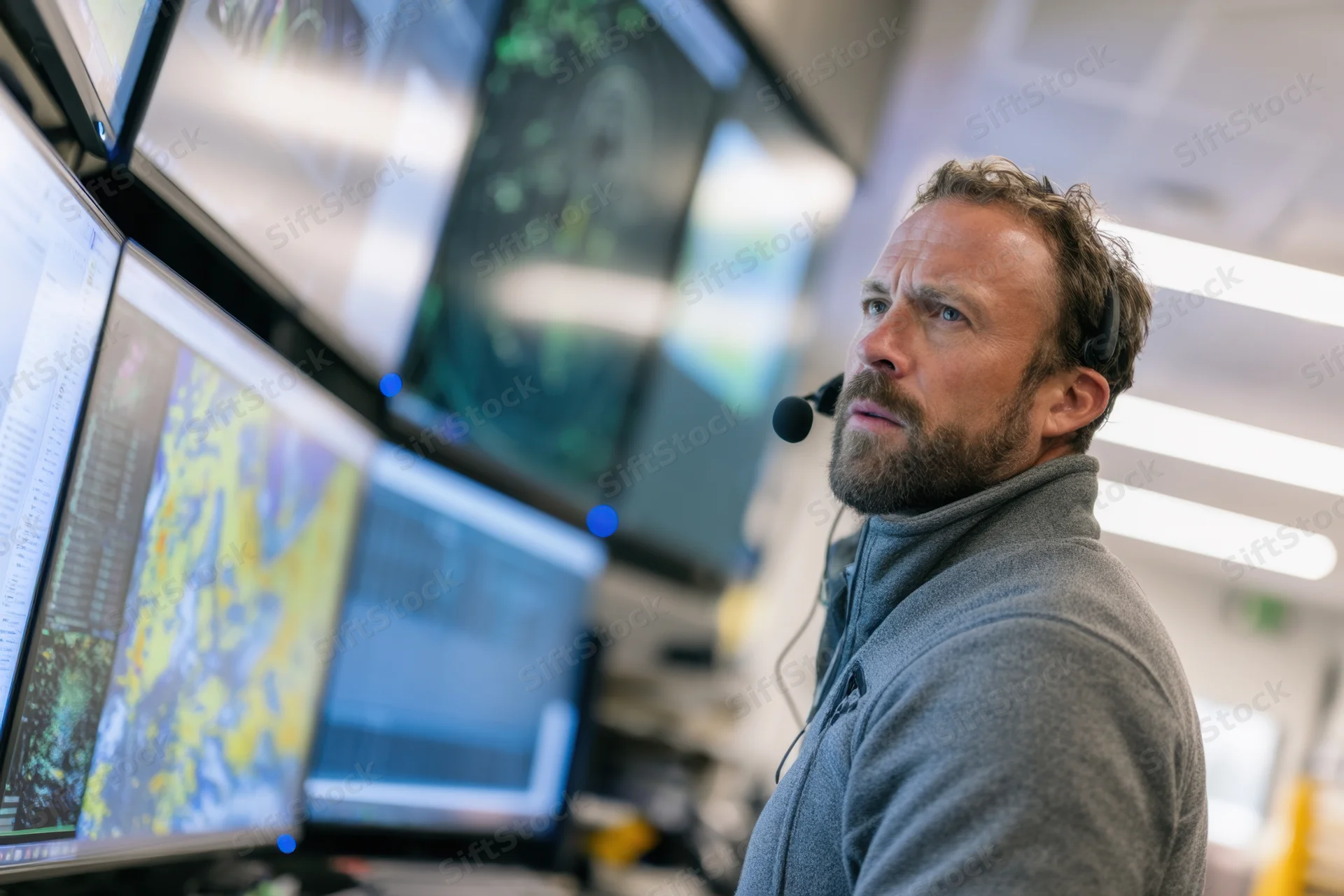 Man wearing headset monitoring multiple screens in a command center
