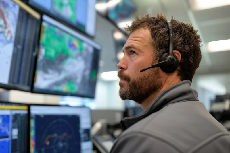 Man wearing headset monitoring weather and radar displays in a command center