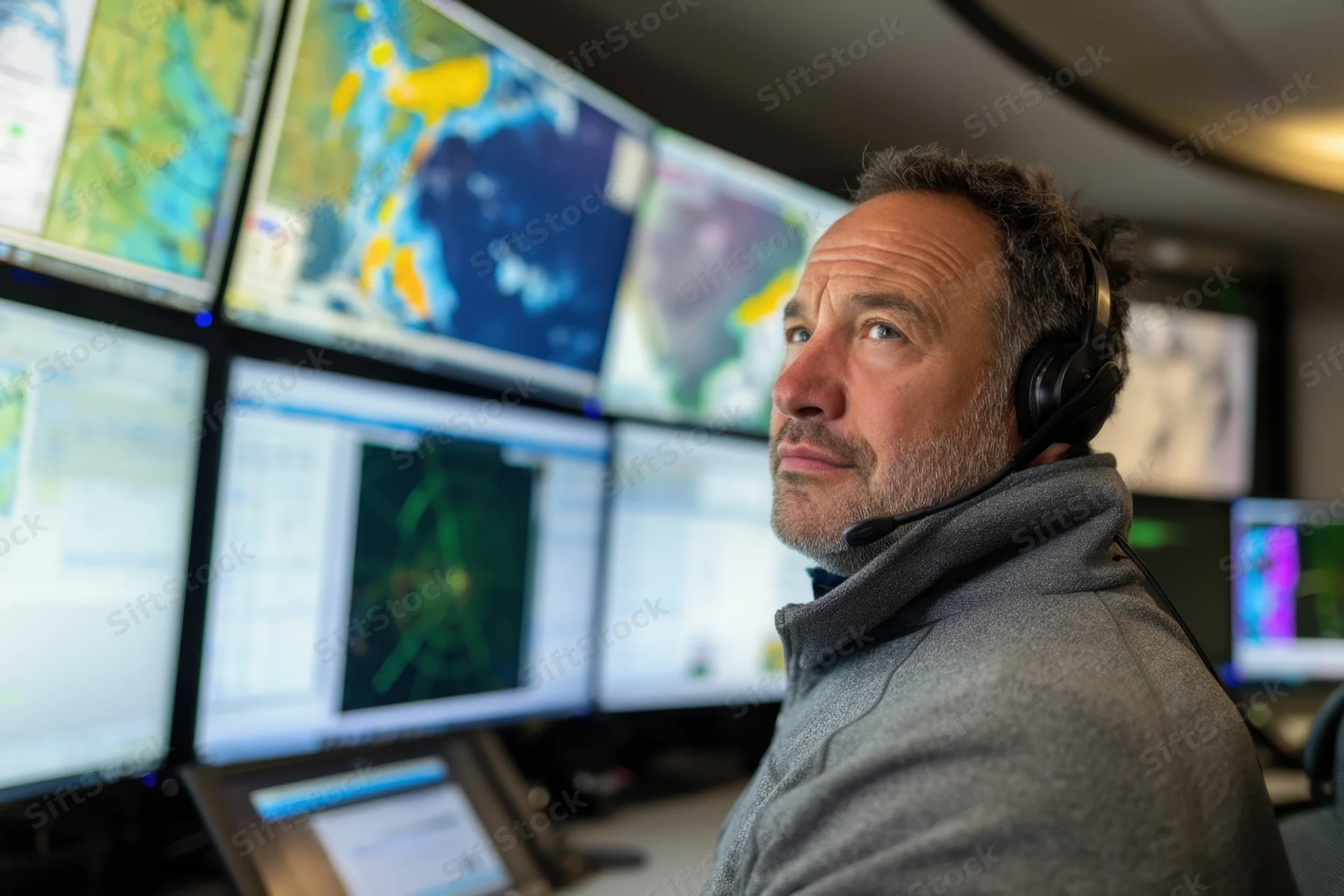 Man wearing headset monitoring multiple screens in a command center