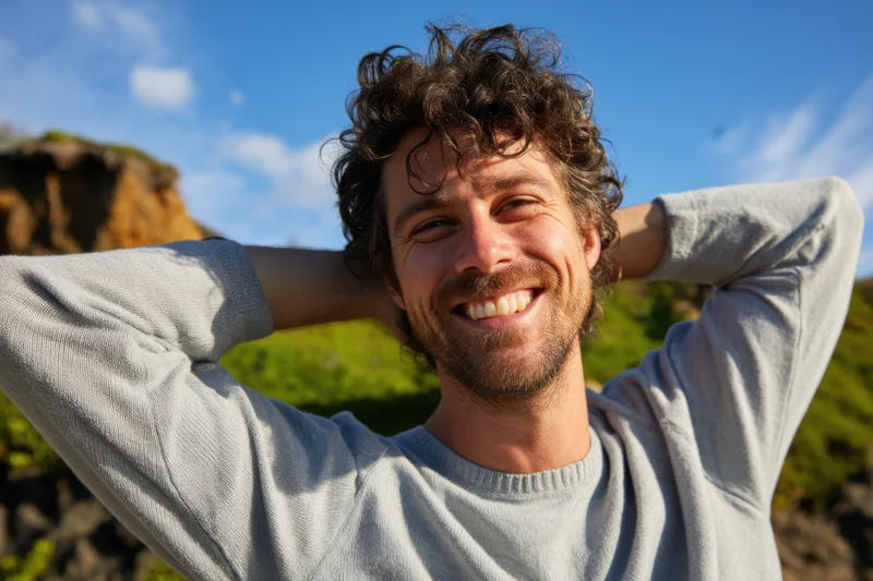 Man smiling with arms behind his head outdoors in natural setting