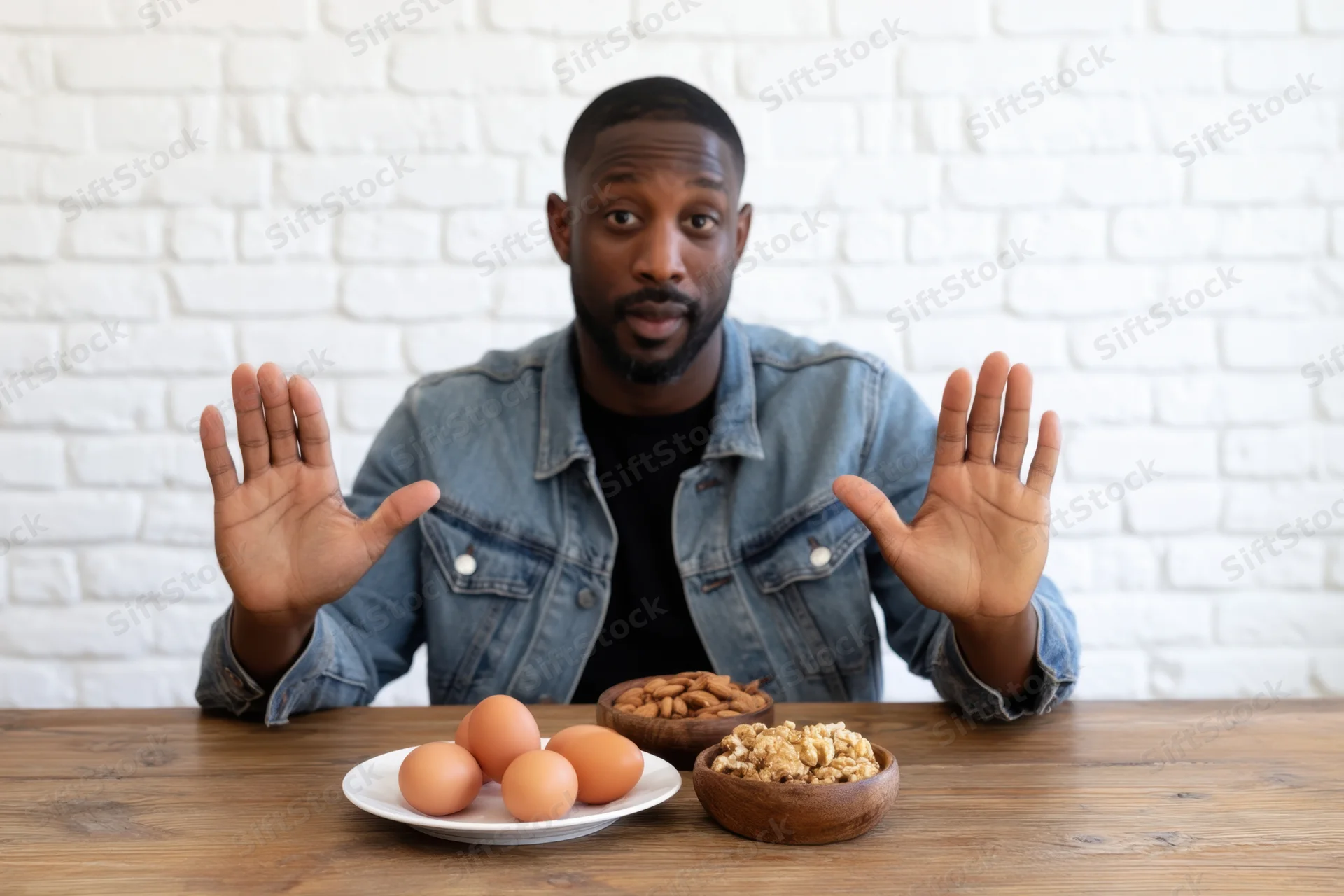 Man sitting at wooden table with hands raised near plate of eggs and bowls of nuts and granola