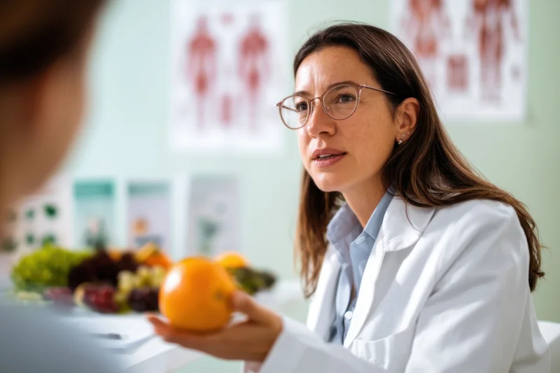 Female doctor discussing nutrition with a patient in a clinic, holding an orange and gesturing toward a display of fruits and vegetables