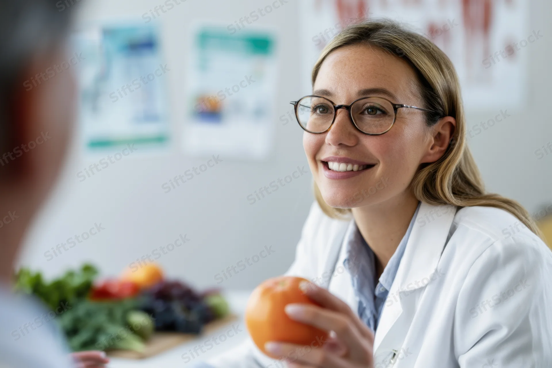 Female doctor smiling while holding an orange during a nutrition consultation in a clinic office
