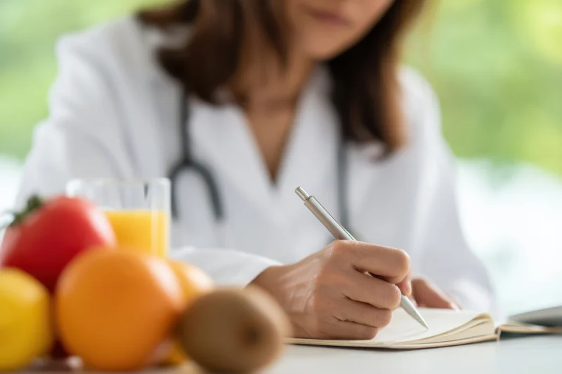 Doctor in white coat writing in notebook at desk with fresh fruit and juice in foreground