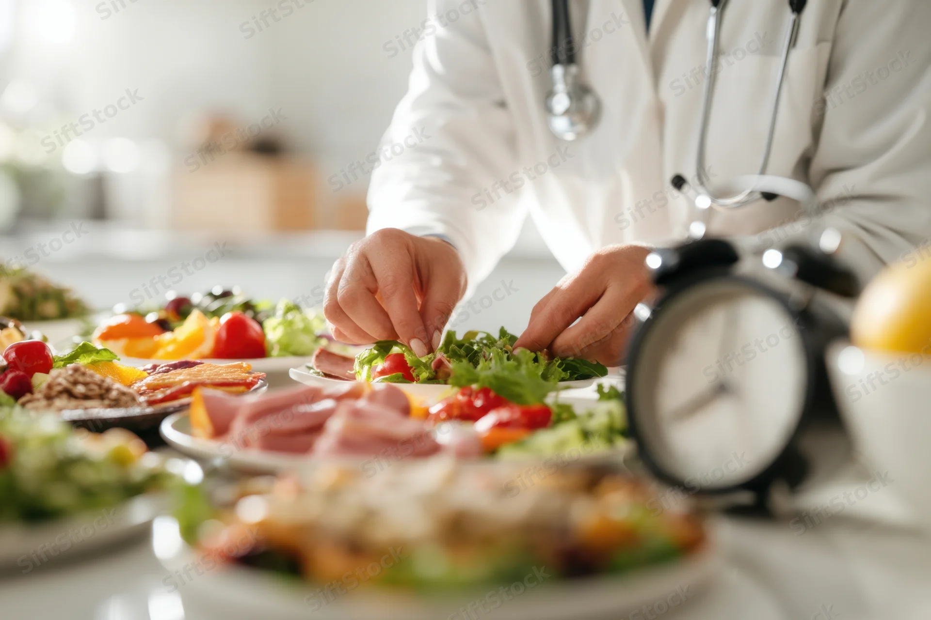 Doctor arranging a healthy salad with vegetables and proteins on a kitchen table