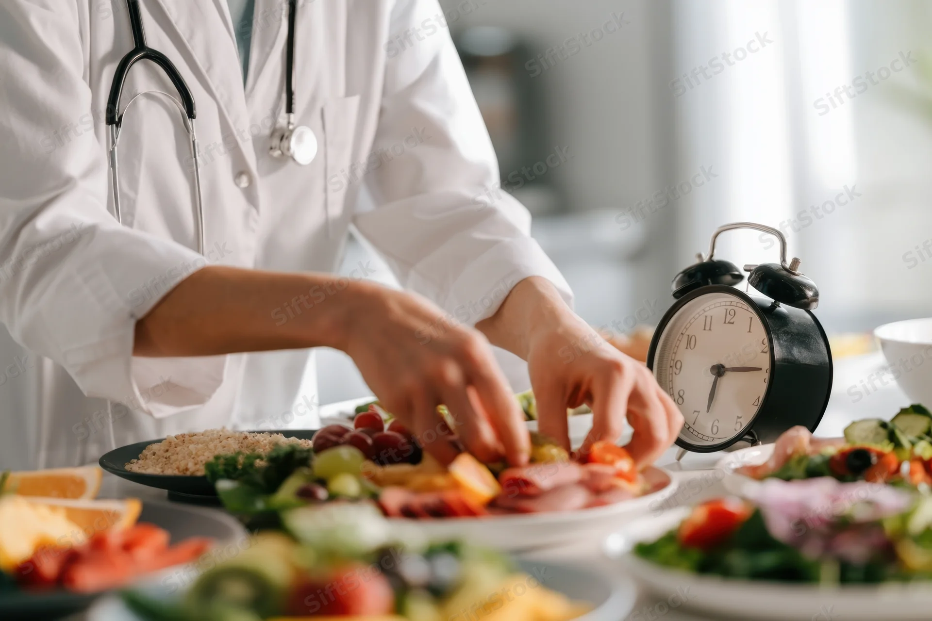 Doctor arranging a healthy meal with vegetables and grains on a kitchen table