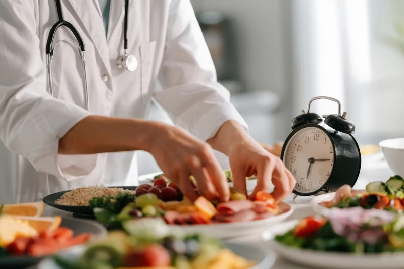 Doctor arranging a healthy meal with vegetables and grains on a kitchen table