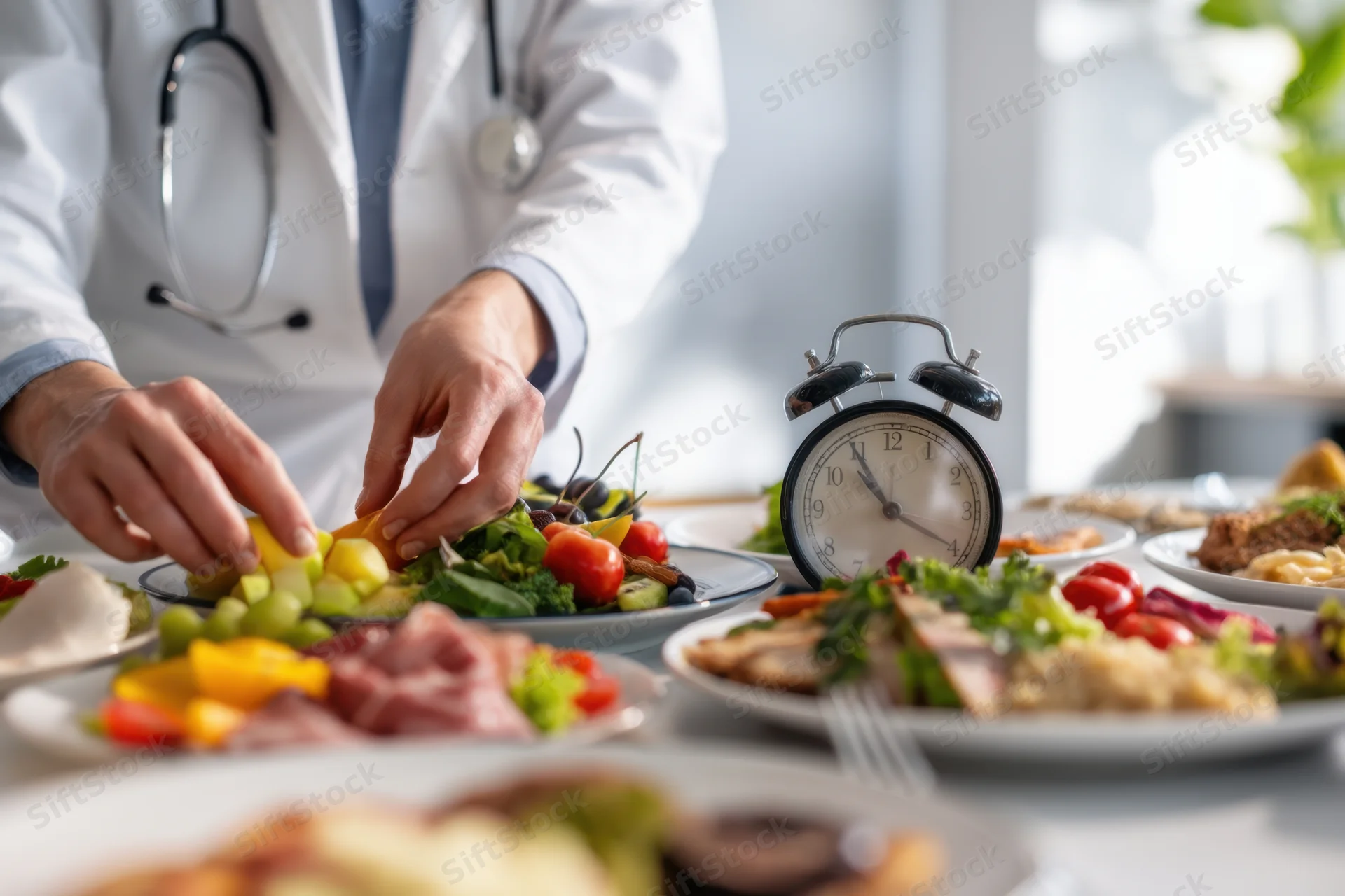 Doctor arranging a plate of vegetables and fruits on a dining table with a clock and various meals around
